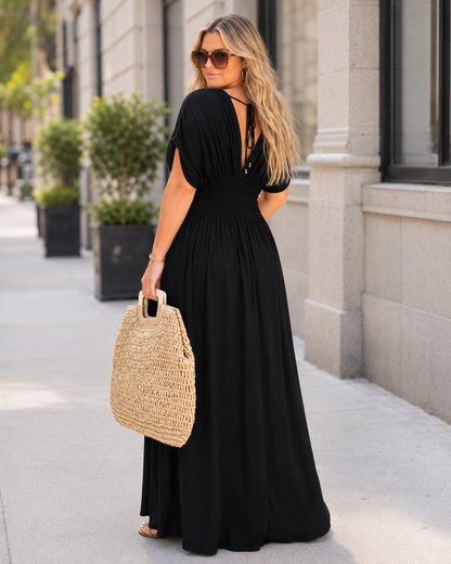 Vestido comprido fluido com cintura franzida