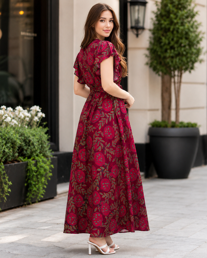 Vestido Comprido Estampado com Cintura Ajustável