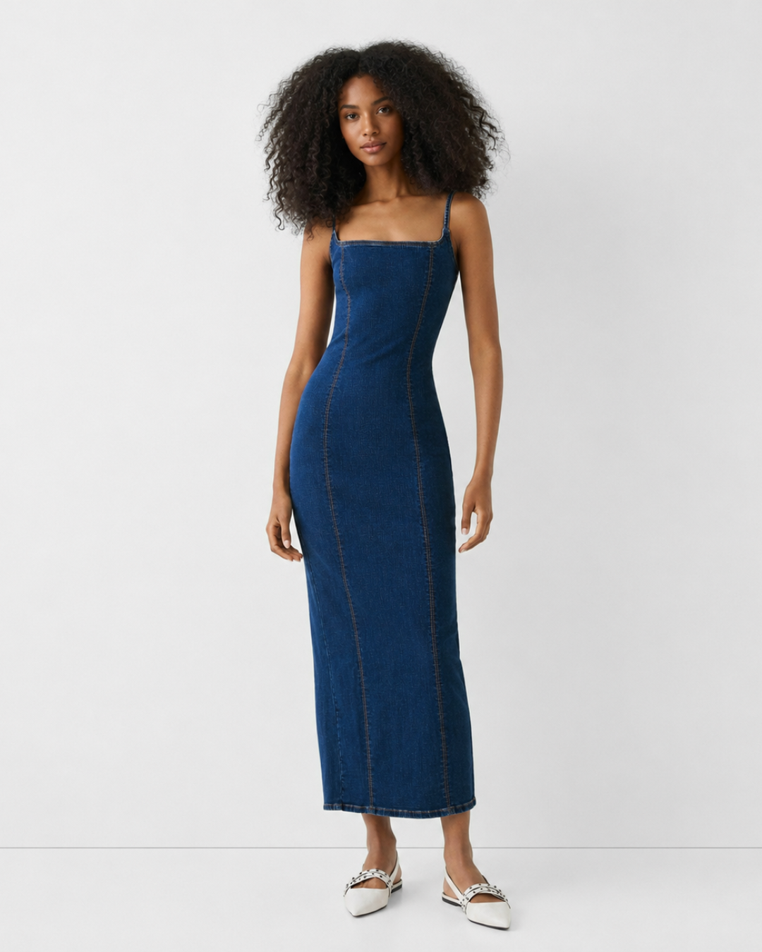 Vestido Midi de Ganga com Abertura Posterior