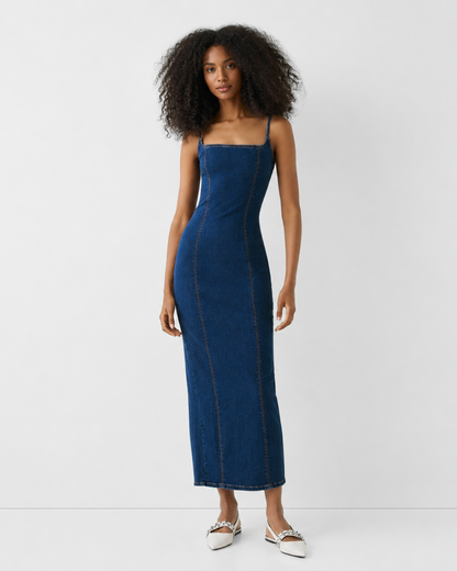 Vestido Midi de Ganga com Abertura Posterior