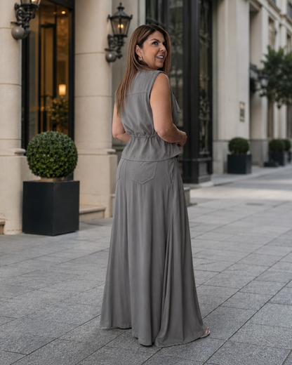Conjunto comprido com saia fluida