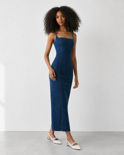 Vestido Midi de Ganga com Abertura Posterior