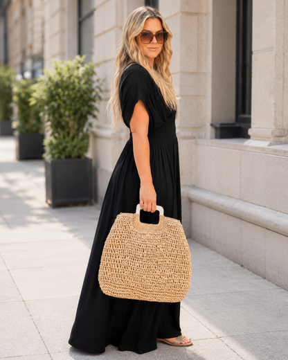 Vestido comprido fluido com cintura franzida