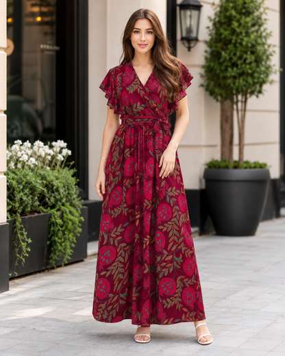 Vestido Comprido Estampado com Cintura Ajustável