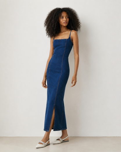 Vestido Midi de Ganga com Abertura Posterior