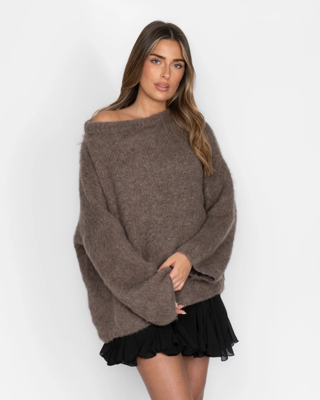 Camisola de malha ultra macia com ombros descobertos para mulher®