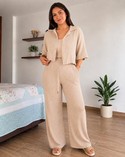 Conjunto de Malha com Top, Camisa e Calças Largas