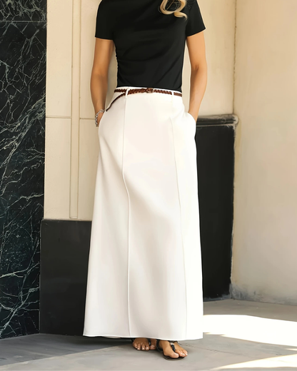 Saia Comprida Elegante de Cintura Alta com Bolsos