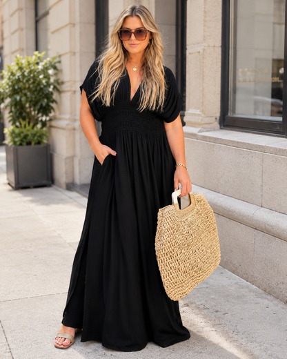 Vestido comprido fluido com cintura franzida