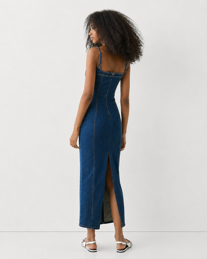 Vestido Midi de Ganga com Abertura Posterior