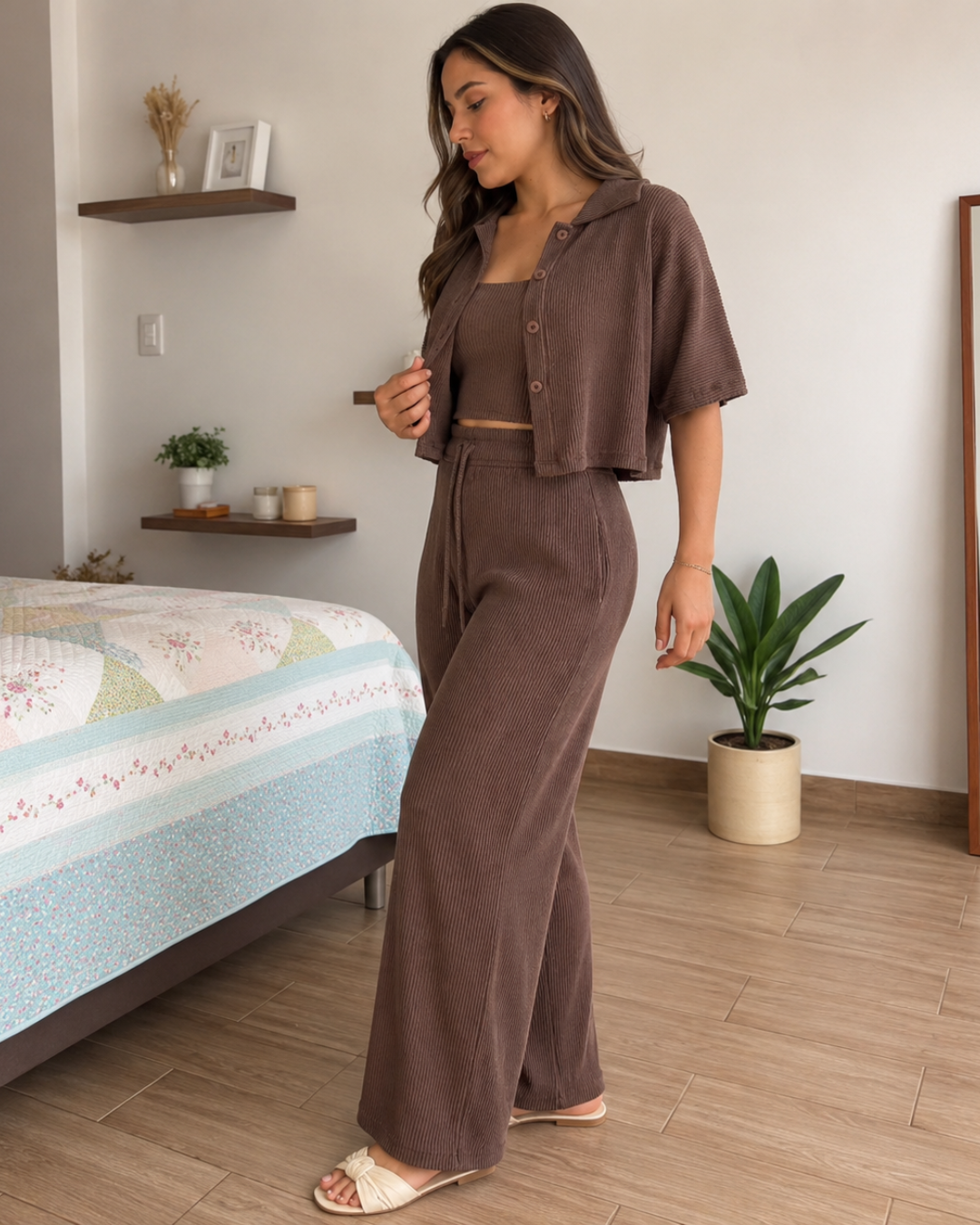 Conjunto de Malha com Top, Camisa e Calças Largas