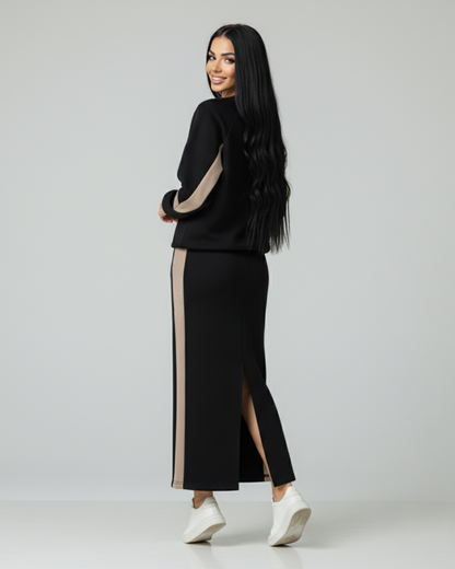 Conjunto folgado com top de manga comprida e saia com abertura para mulher