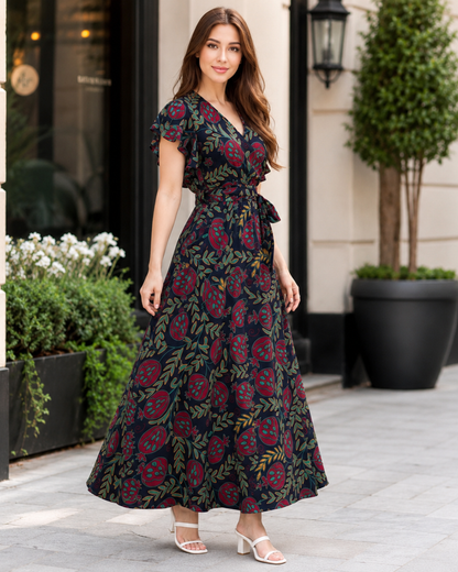 Vestido Comprido Estampado com Cintura Ajustável