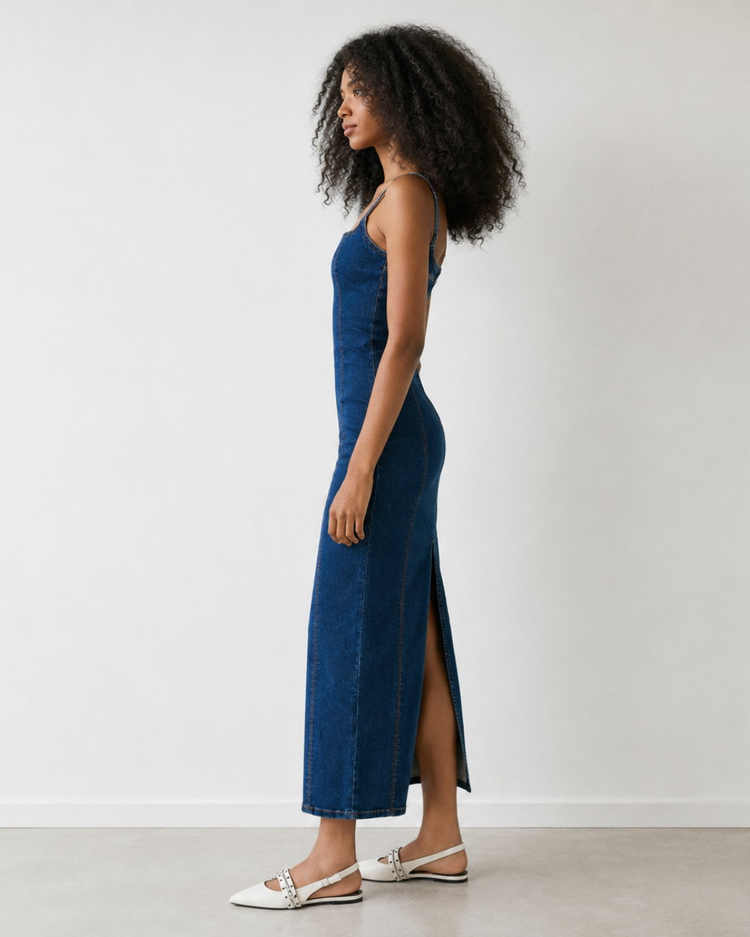 Vestido Midi de Ganga com Abertura Posterior